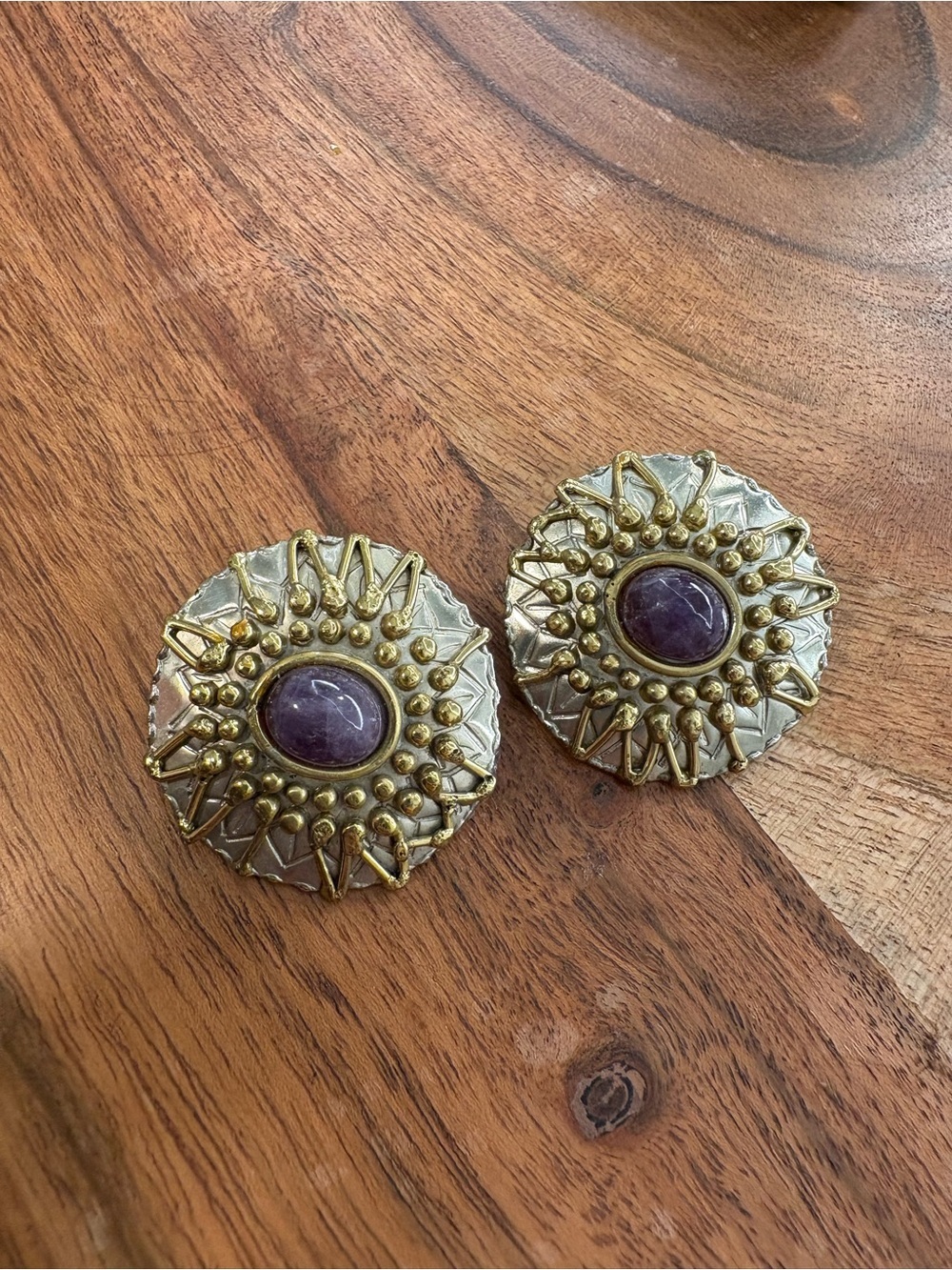 Vintage Round Statement Clip-On Earrings with Purple Cabochon